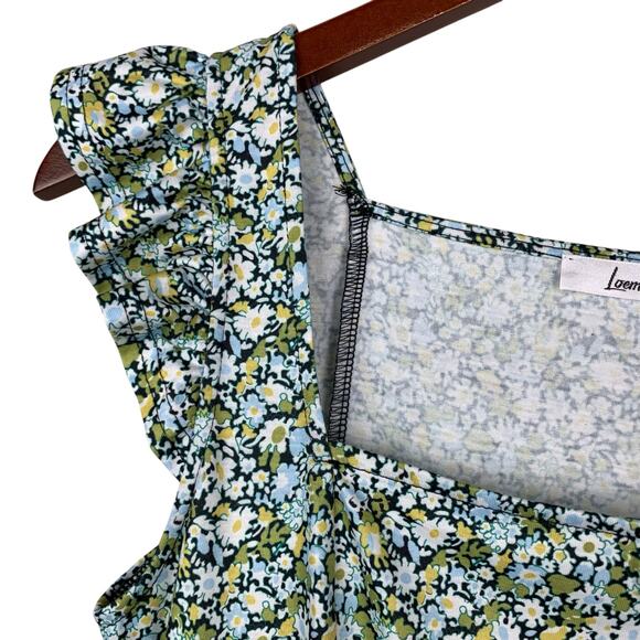Loemes Dress Blue Green Floral Sundress Flutter Sleeves Pockets Boho Women's S - Picture 3 of 8